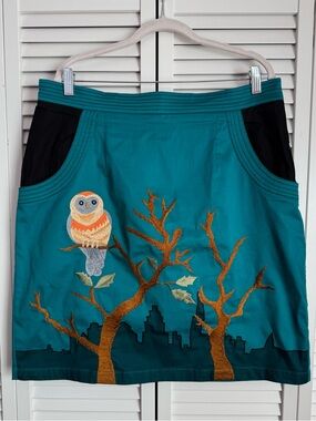 Eshakti Owl Night Scene Embroidered Skirt Artsy Boho Teal Size XL (18)